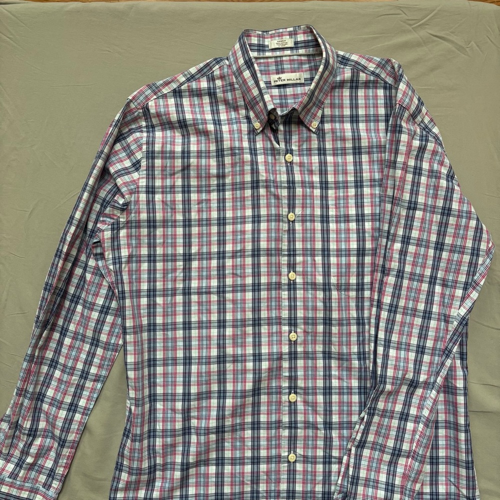 Peter Millar Men’s pink blue Plaid Button-Down Performance Shirt EUC
